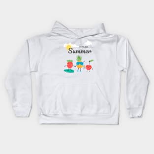 Hello Summer Cool design for summertime. Strawberry, cherry, pineapple with a beach landscape Kids Hoodie